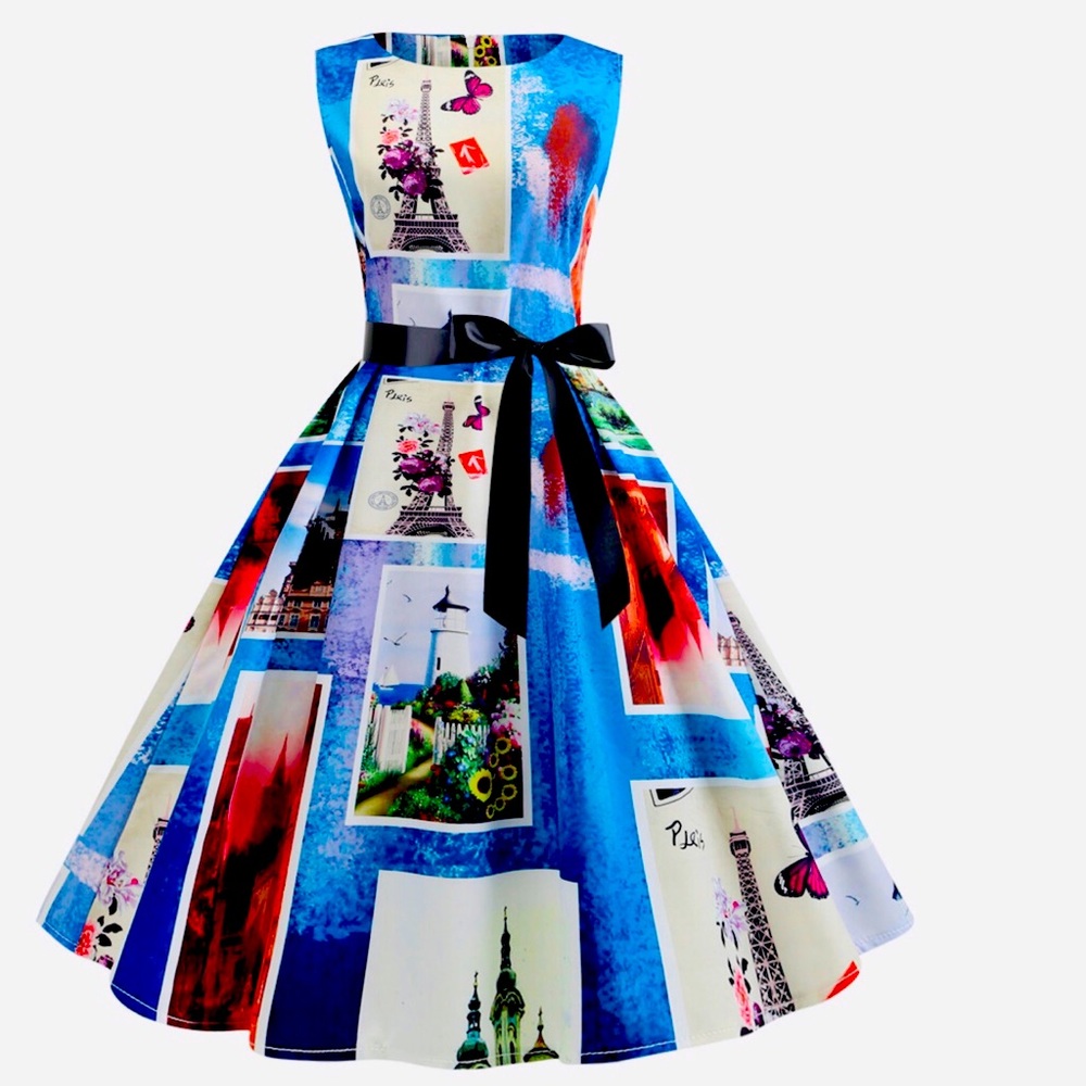 Fabulous New PARIS Print Retro Pin-Up DRESS Small